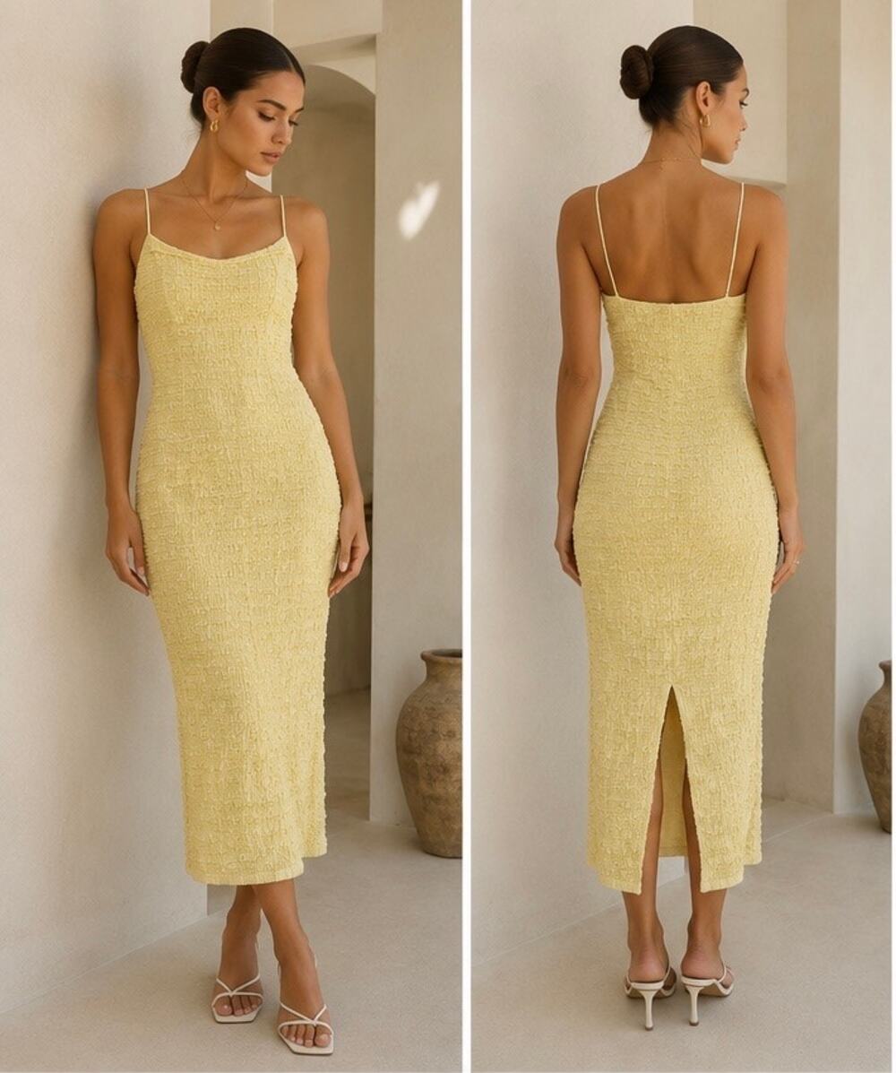 Rue Stiic Isabelle Cami Smocked Maxi Dress Lemon Meringue Size S NWT